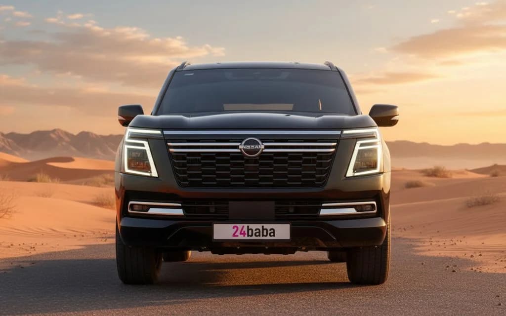 Nissan Patrol 2026 Black front view with headlights – rental in Dubai