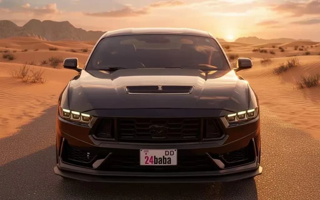 Ford Mustang 2024 Black front view with headlights – rental in Dubai
