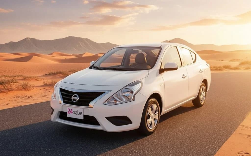 Nissan Sunny 2020 White front view with headlights – rental in Dubai