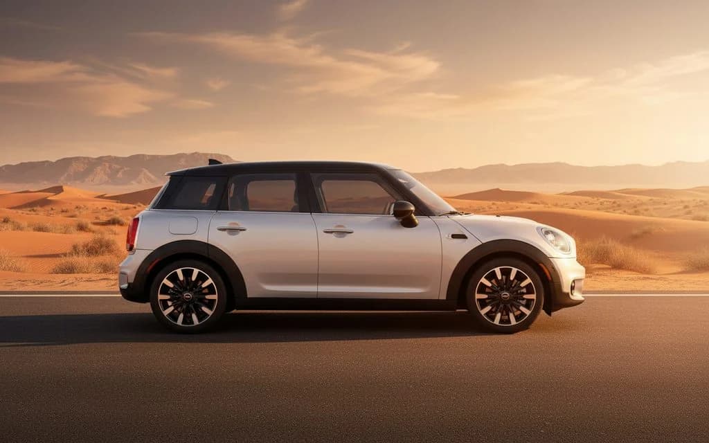 Mini Cooper 2025 Silver side profile – rental in Dubai