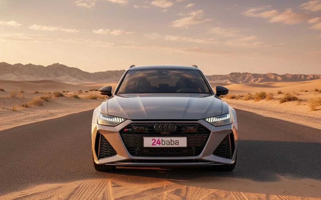 Audi Rs6 2024 Grey front view with headlights – rental in Dubai