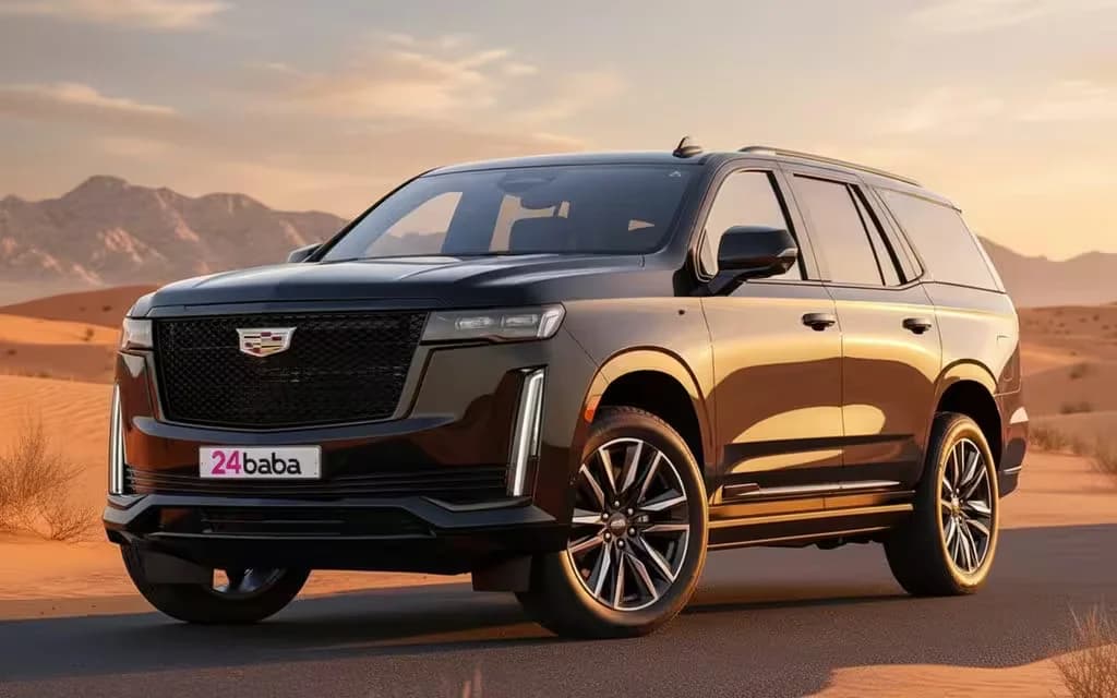 Cadillac Escalade 2023 Black front view with headlights – rental in Dubai
