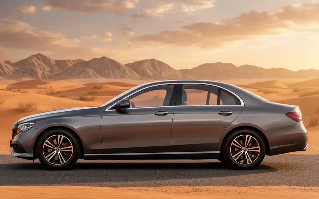 Mercedes E200 2022 Silver side profile – rental in Dubai