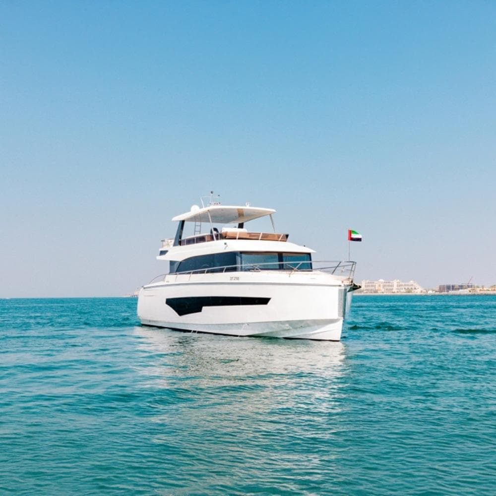 Front view of Renu 62ft yacht cruising on the water