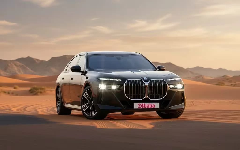 Bmw 735 2023 Black front view with headlights – rental in Dubai