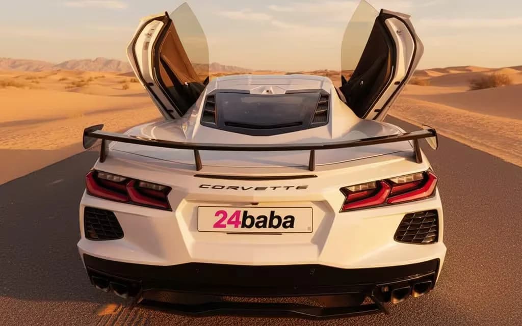 Chevrolet Corvette 2024 White rear view showing taillights – rental in Dubai