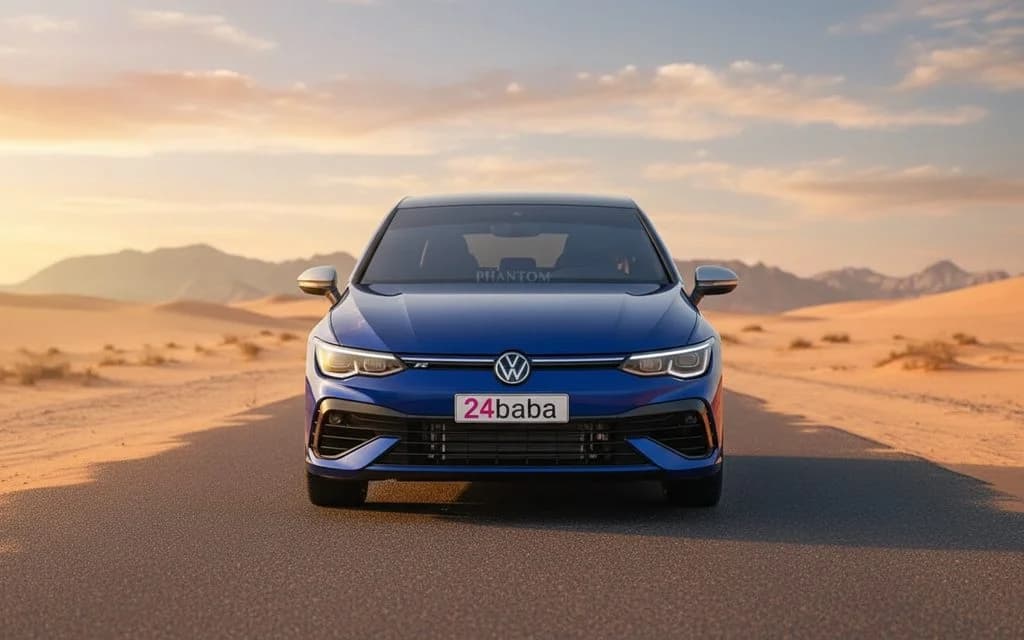 Volkswagen Golf R 2024 Blue front view with headlights – rental in Dubai