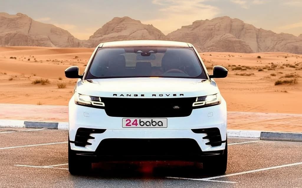 LandRover RangeRoverVelar 2023 White front view with headlights – rental in Dubai