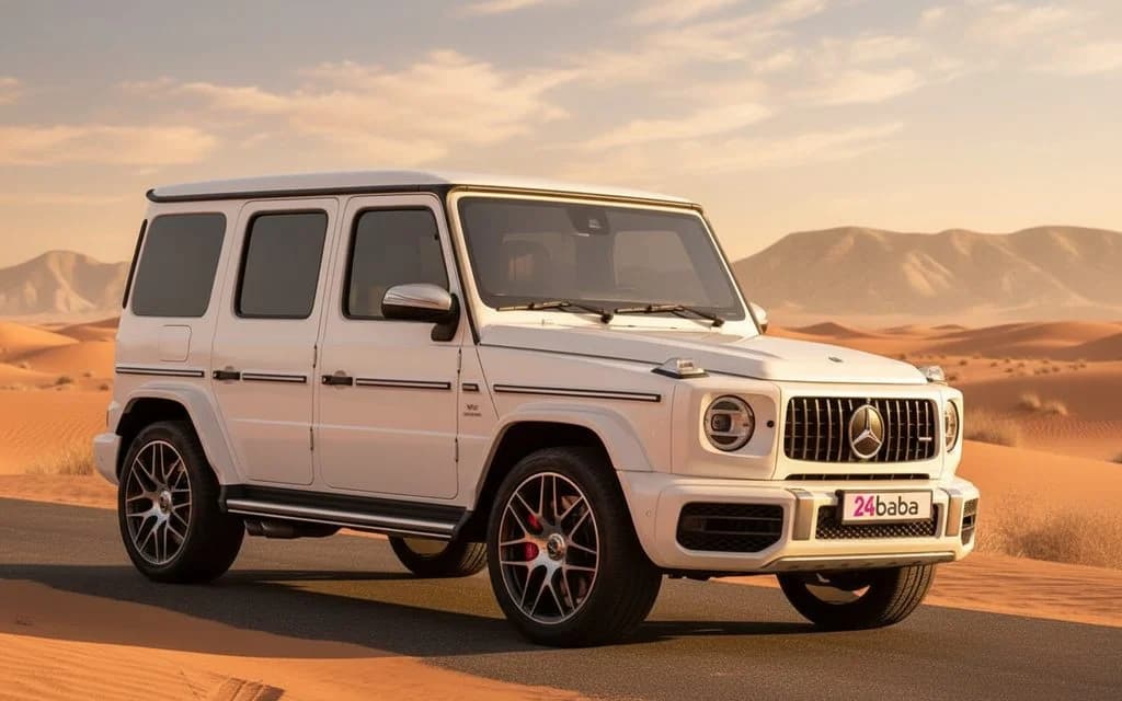 Mercedes G63 2020 White front view with headlights – rental in Dubai