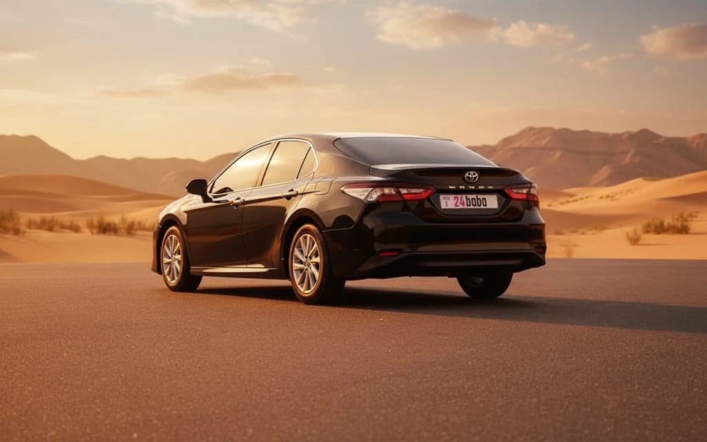 Toyota Camry 2023 Black rear view showing taillights – rental in Dubai