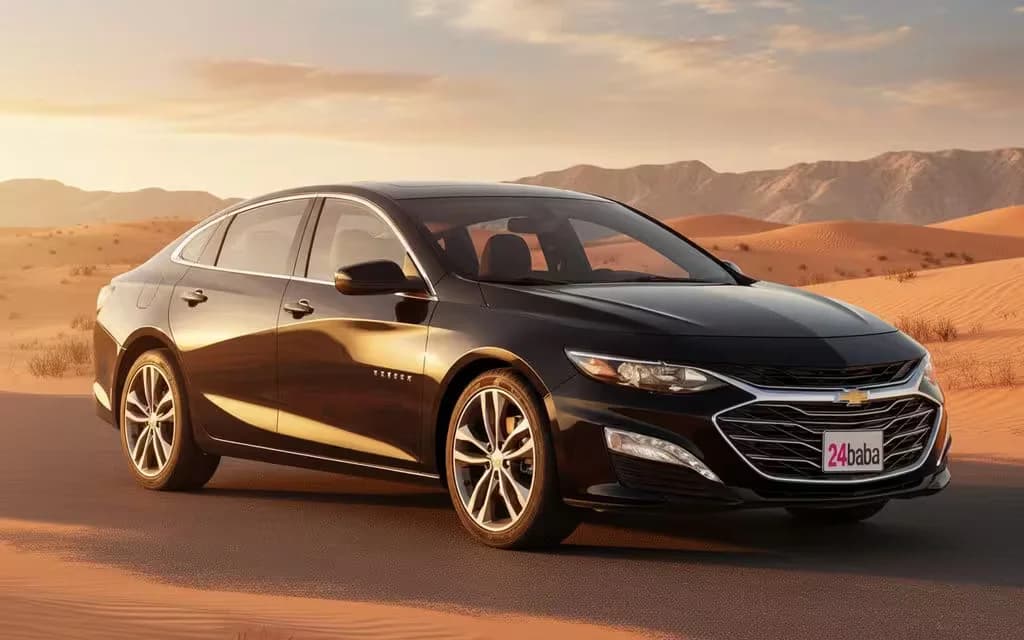 Chevrolet Malibu 2021 Black parked outdoor scene – rental in Dubai