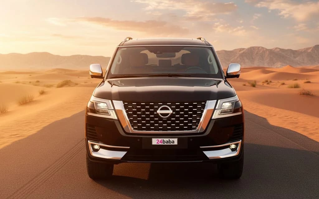 Nissan Patrol 2024 Black front view with headlights – rental in Dubai