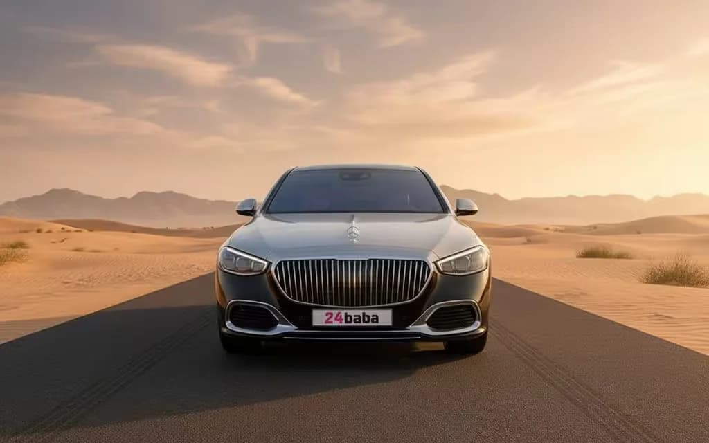 Mercedes S580 2022 Black front view with headlights – rental in Dubai