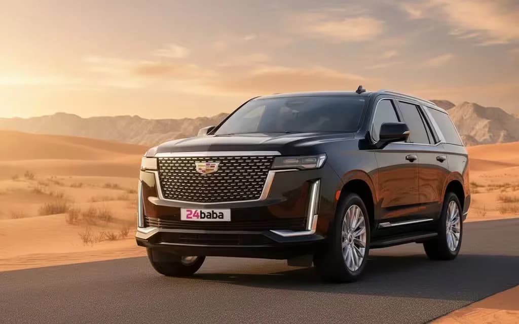 Cadillac Escalade 2022 Black front view with headlights – rental in Dubai
