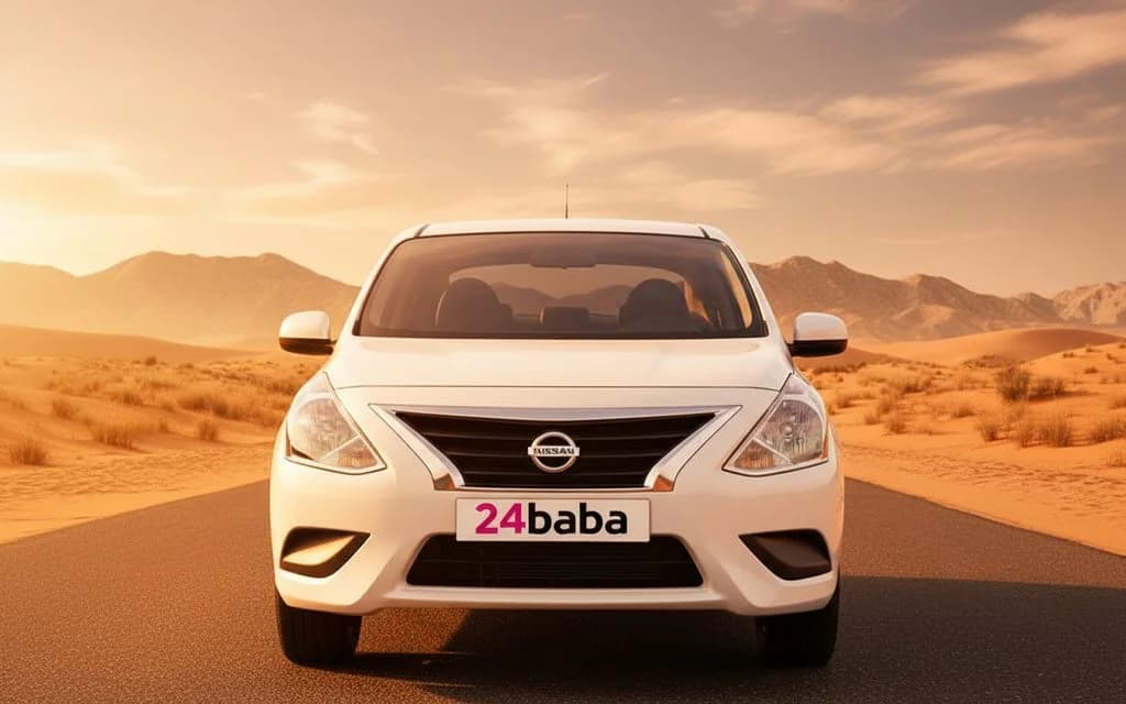 Nissan Sunny 2022 White front view with headlights – rental in Dubai
