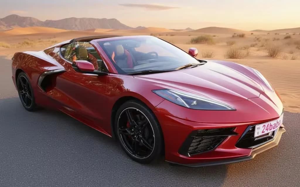 Chevrolet Corvette 2023 Red front view with headlights – rental in Dubai