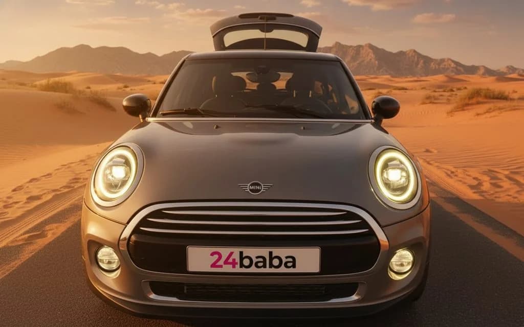 Mini Cooper 2023 Grey front view with headlights – rental in Dubai