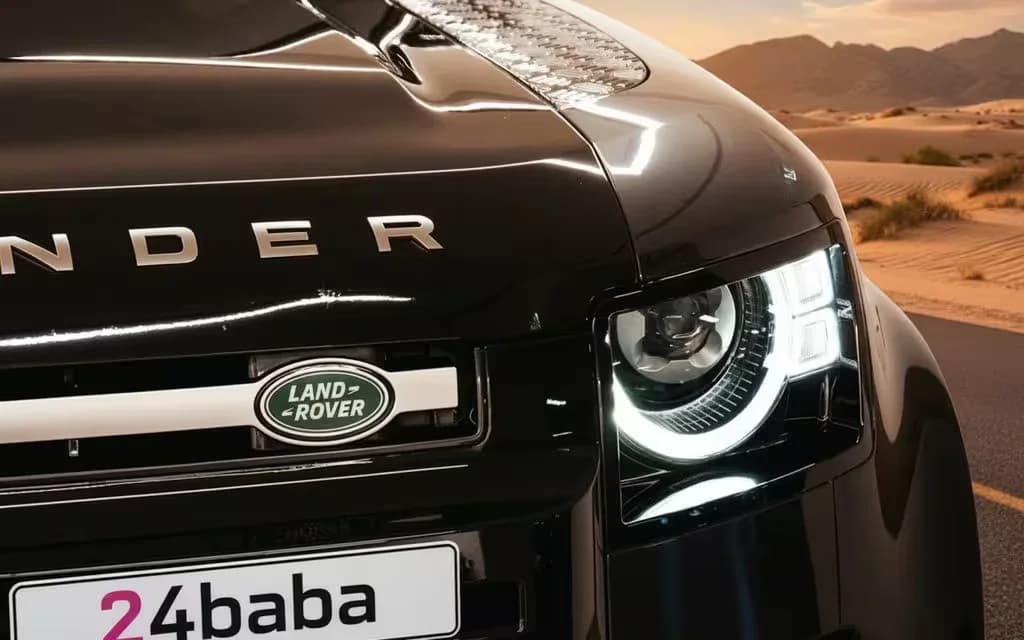 LandRover Defender 2024 Black front view with headlights – rental in Dubai