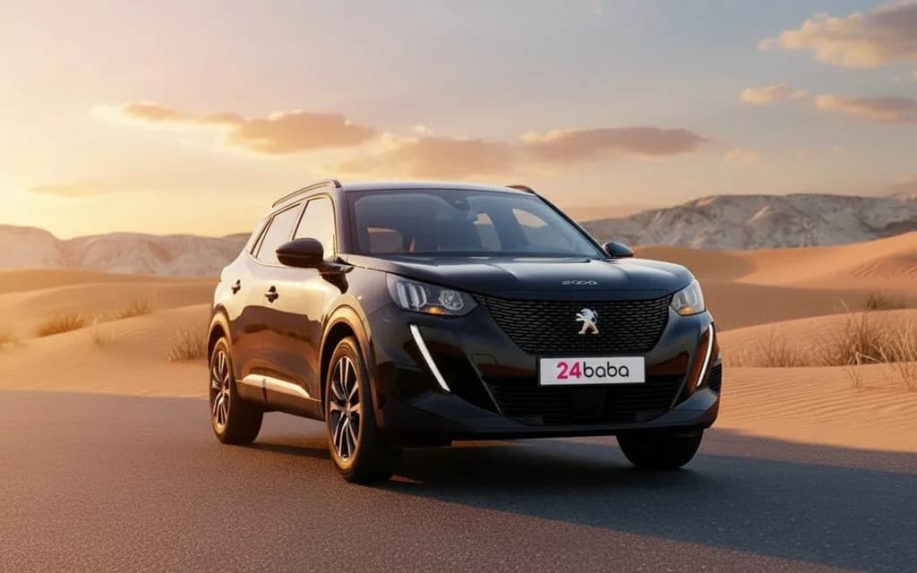 Peugeot 2008 2023 Black front view with headlights – rental in Dubai