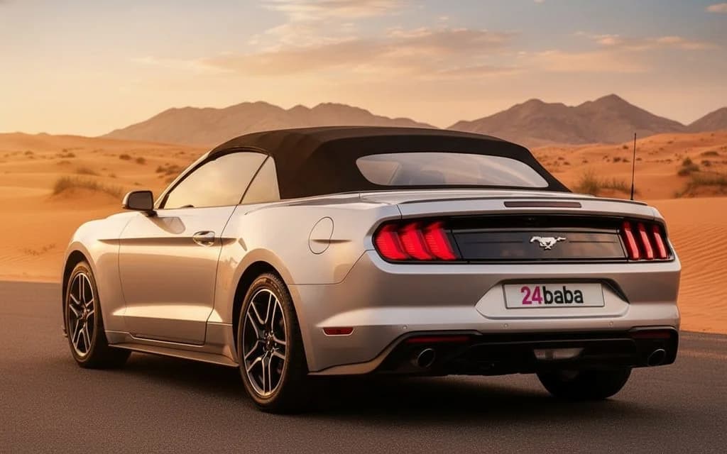 Ford Mustang 2021 Silver rear view showing taillights – rental in Dubai