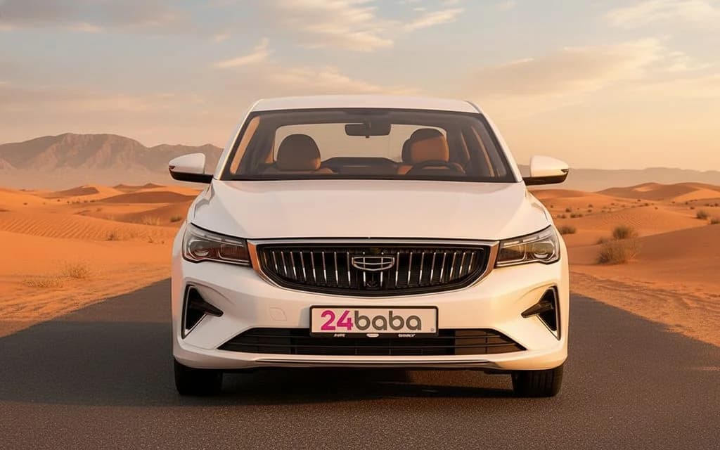 Geely Emgrand 2025 White front view with headlights – rental in Dubai