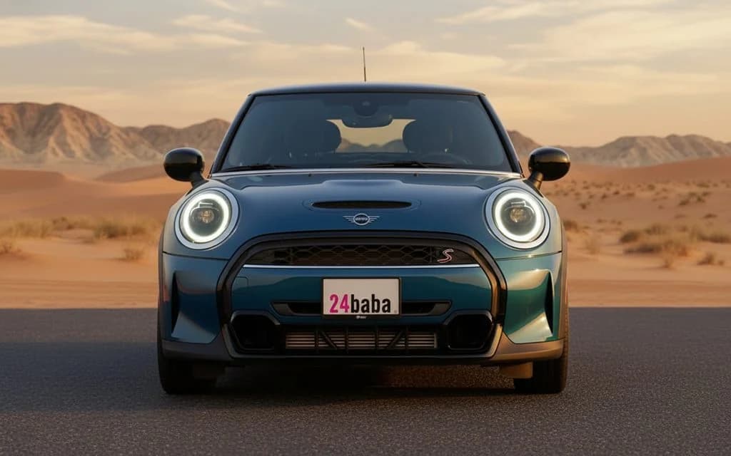 Mini Cooper 2025 Blue front view with headlights – rental in Dubai