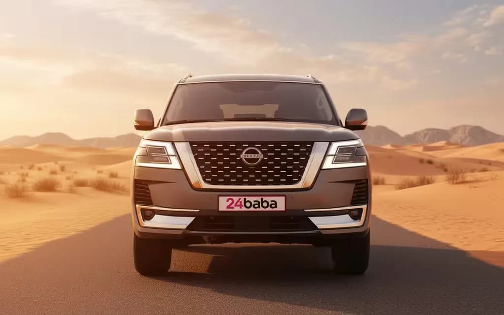 Nissan Patrol 2024 Grey front view with headlights – rental in Dubai