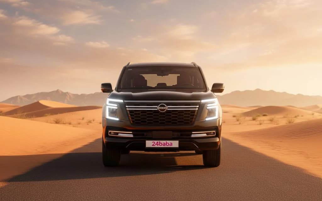 Nissan Patrol 2025 Black front view with headlights – rental in Dubai