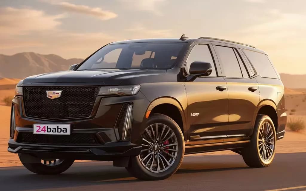 Cadillac Escalade 2024 Black front view with headlights – rental in Dubai