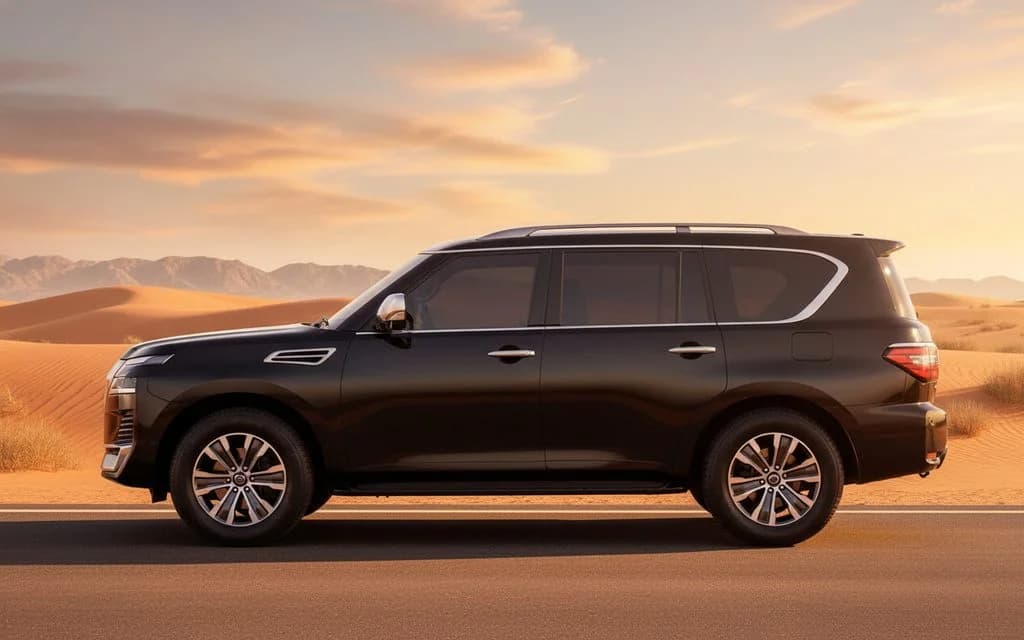 Nissan Patrol 2025 Black side profile – rental in Dubai