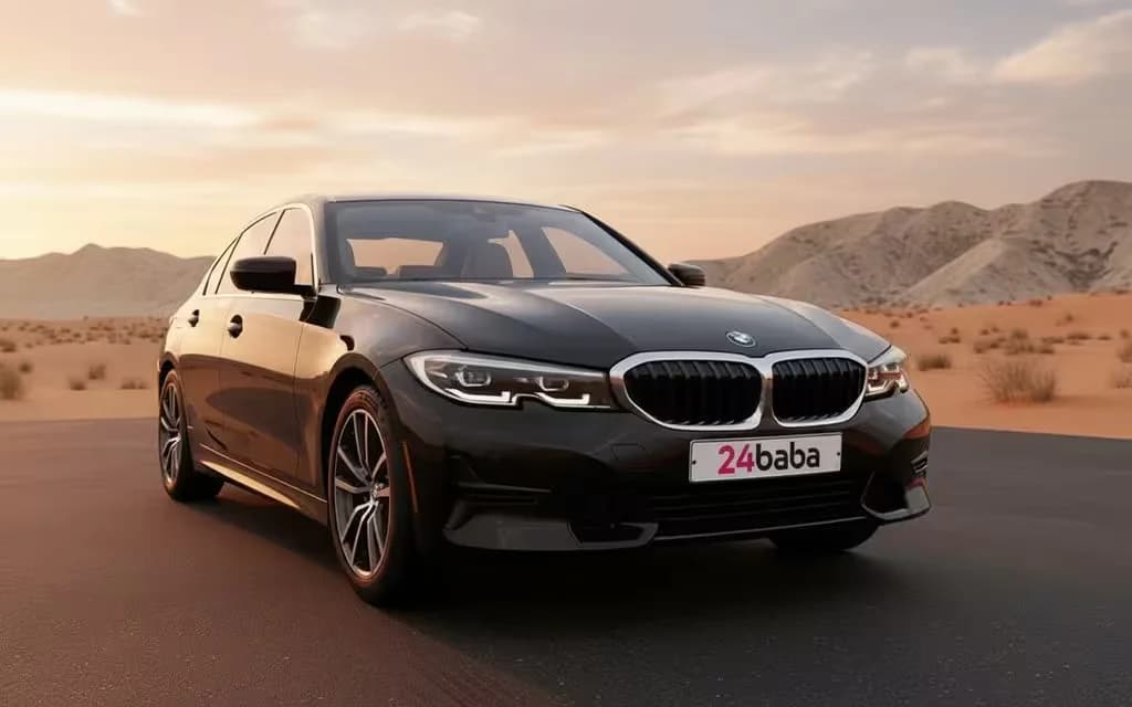 Bmw 330 2020 Black front view with headlights – rental in Dubai