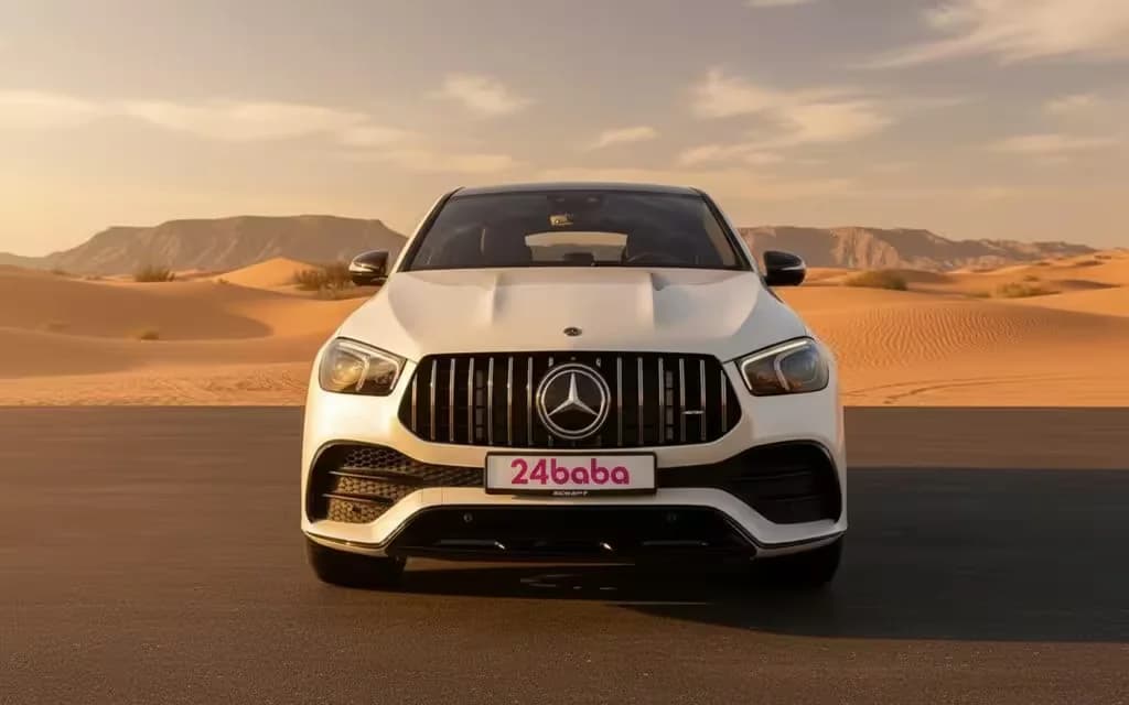 Mercedes Gle53 2021 White front view with headlights – rental in Dubai