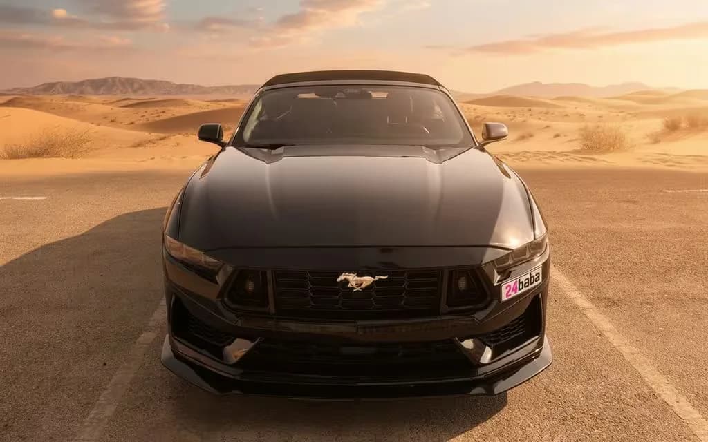 Ford Mustang 2024 Black front view with headlights – rental in Dubai