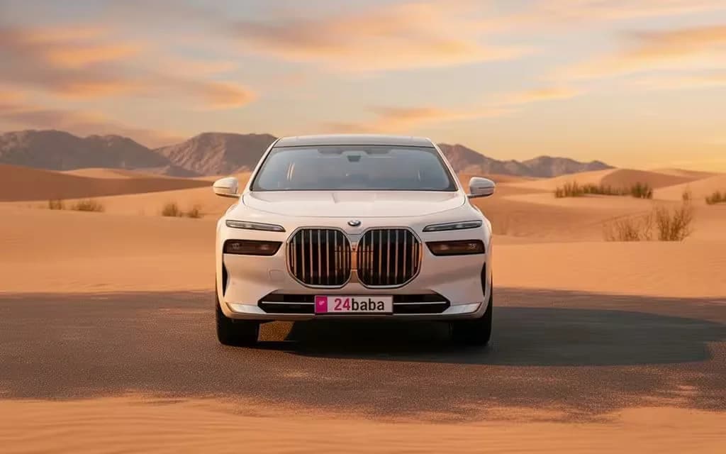 Bmw 735 2023 white front view with headlights – rental in Dubai