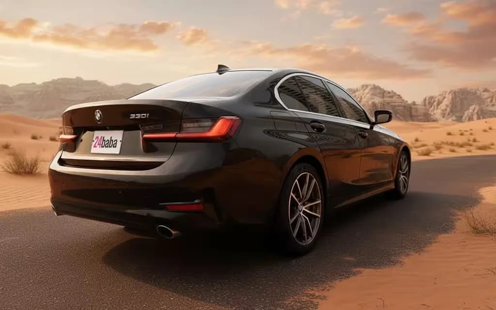 Bmw 330 2020 Black rear view showing taillights – rental in Dubai