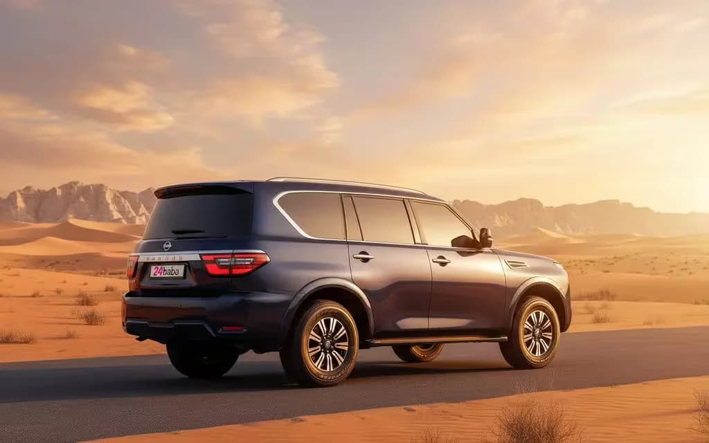 Nissan Patrol 2021 Blue rear view showing taillights – rental in Dubai