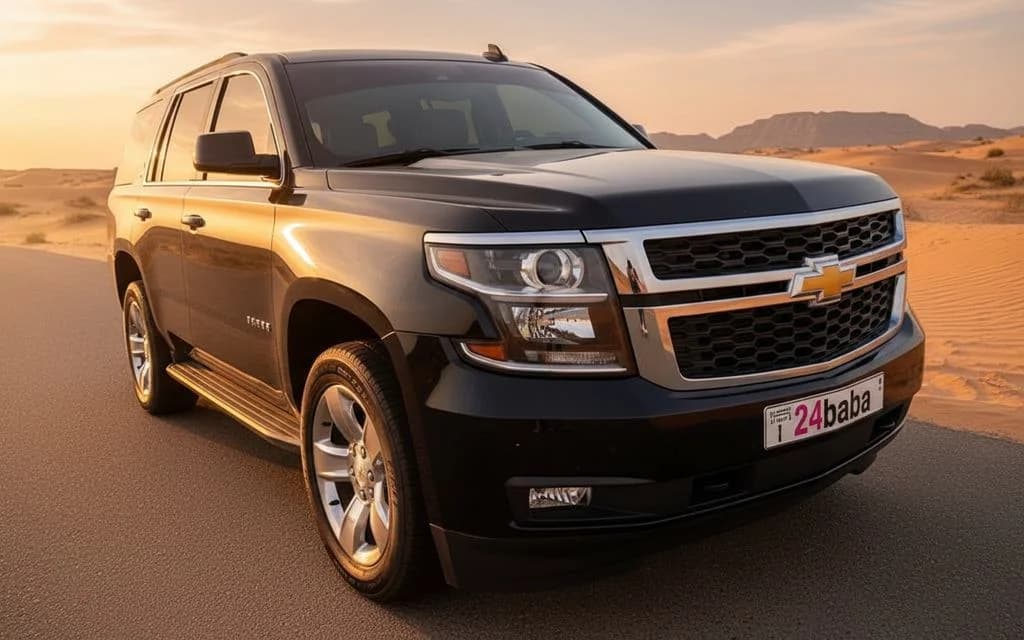 Chevrolet Tahoe 2025 Black front view with headlights – rental in Dubai