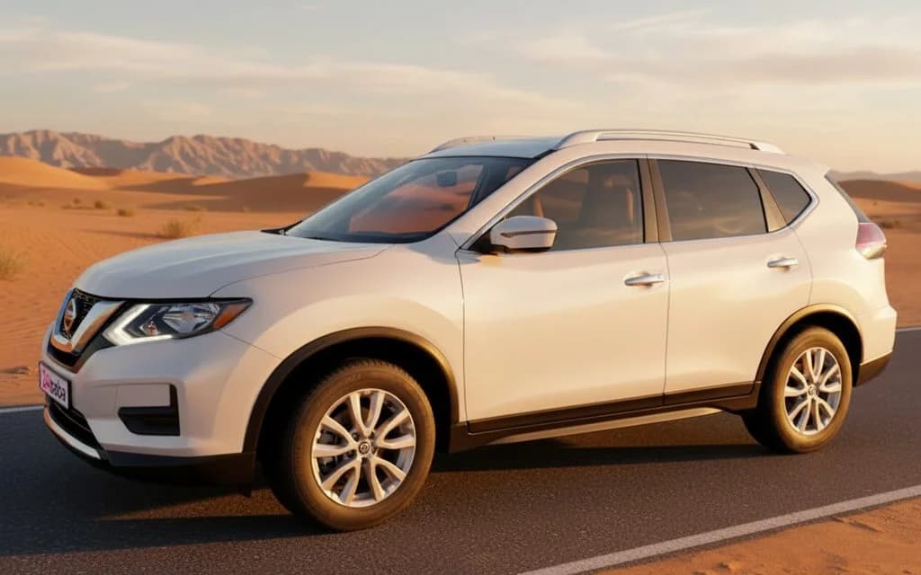 Nissan Rogue 2025 White side profile – rental in Dubai