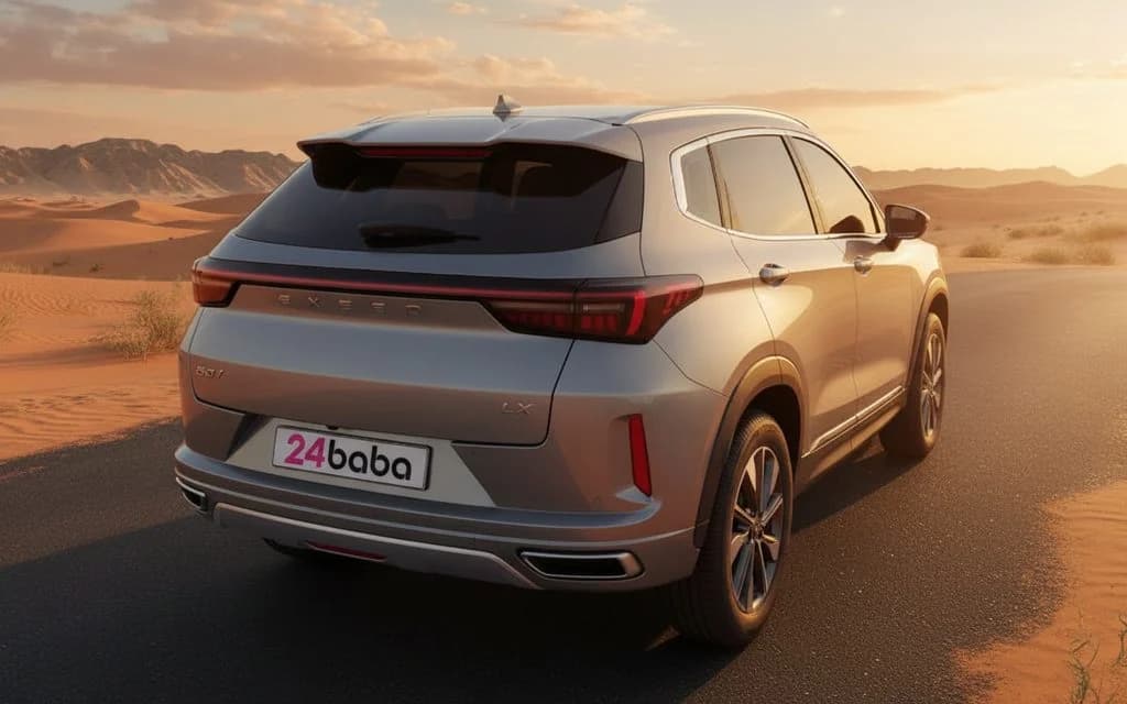 Rent Exeed Lx 2025 Silver rear view showing taillights in Dubai