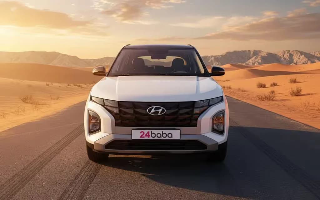 Hyundai Creta 2024 White front view with headlights – rental in Dubai