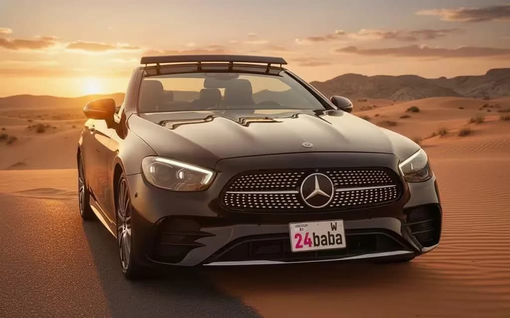 Mercedes E450 2022 Black front view with headlights – rental in Dubai