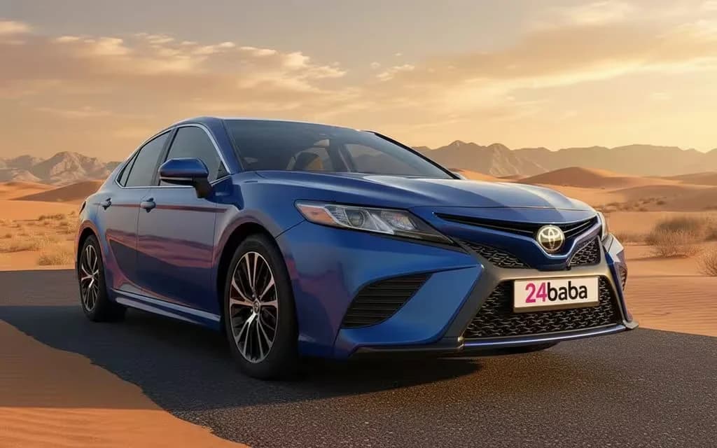 Toyota Camry 2025 Blue front view with headlights – rental in Dubai