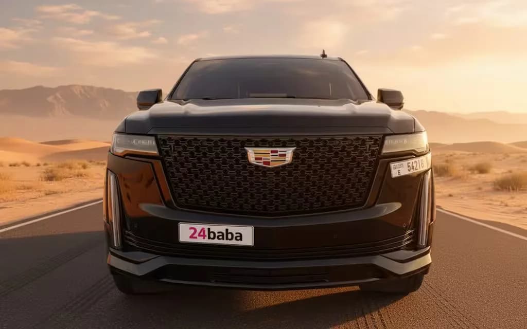 Cadillac Escalade 2023 Black front view with headlights – rental in Dubai