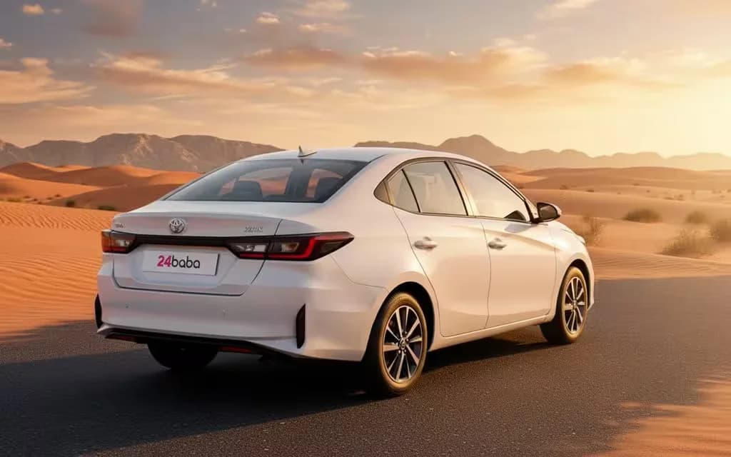 Toyota Yaris 2024 White rear view showing taillights – rental in Dubai