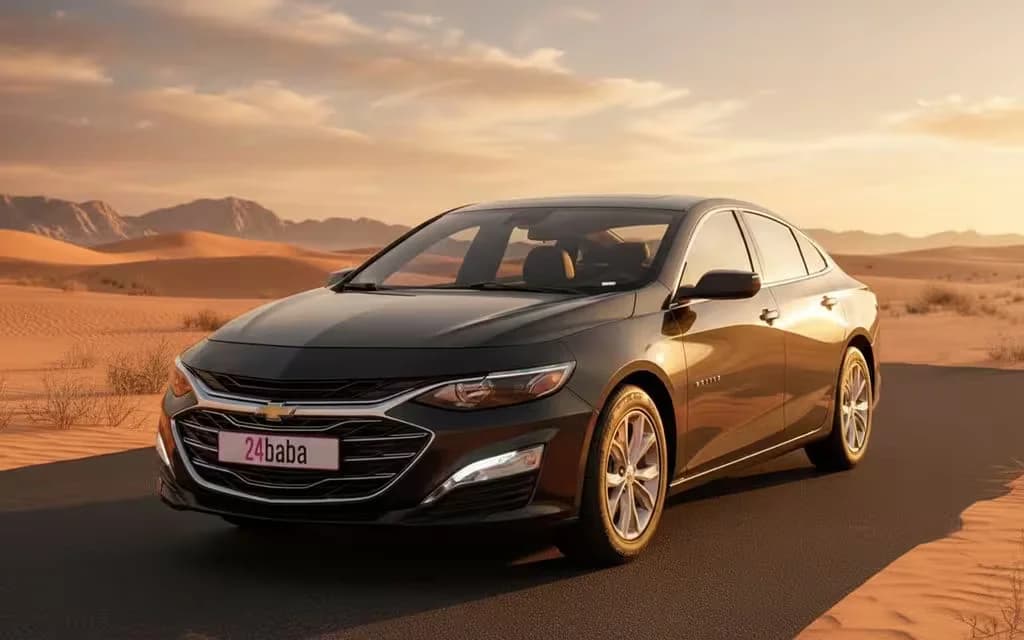 Chevrolet Malibu 2024 Black front view with headlights – rental in Dubai