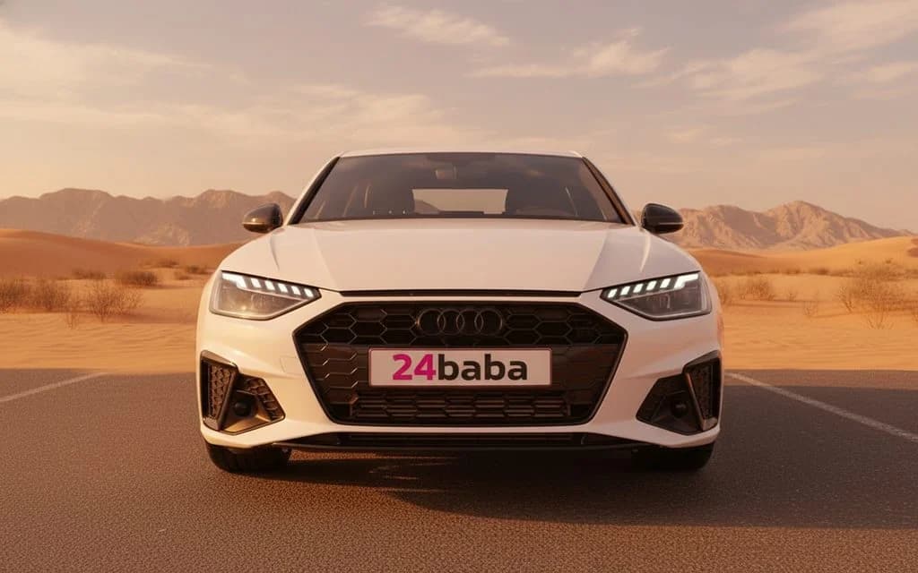 Audi A4 2024 White front view with headlights – rental in Dubai