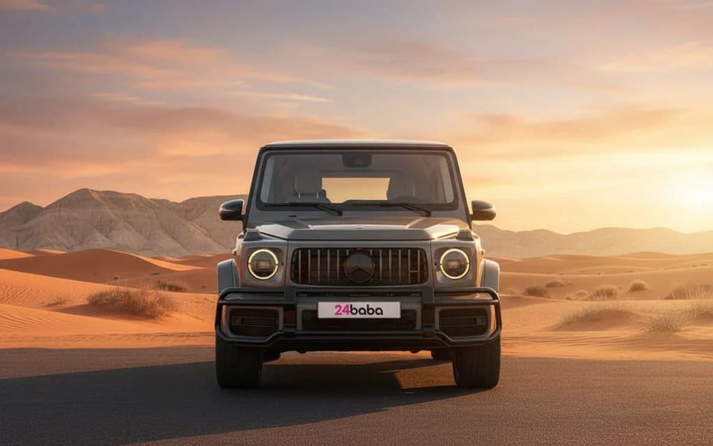 Mercedes G63 2022 Grey front view with headlights – rental in Dubai