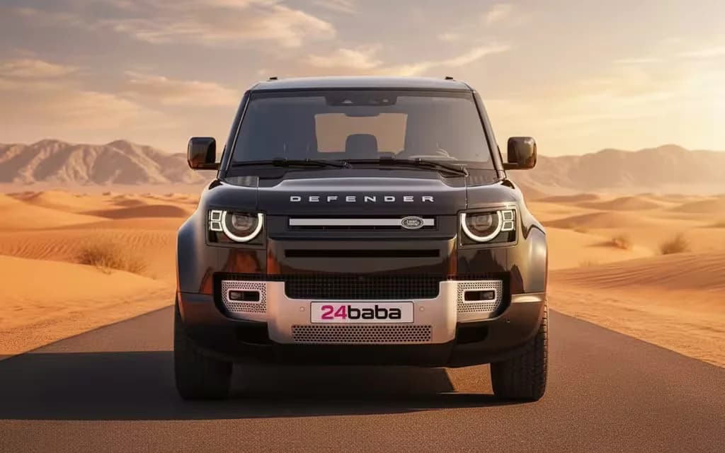 LandRover Defender 2024 Black front view with headlights – rental in Dubai