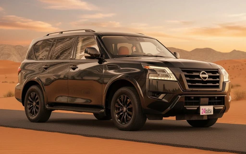 Nissan Armada 2022 Black front view with headlights – rental in Dubai