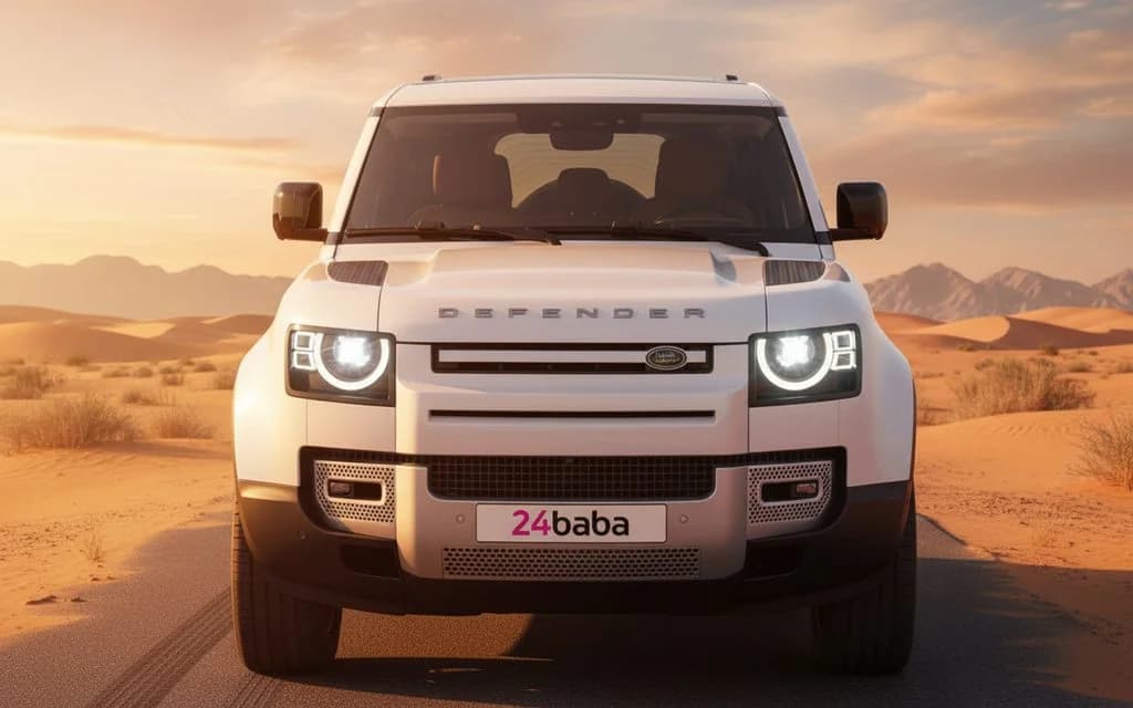 LandRover Defender 2024 Silver front view with headlights – rental in Dubai
